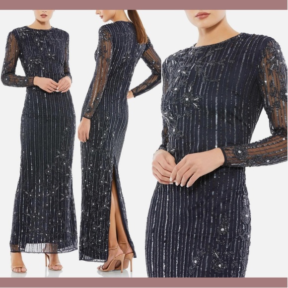NWT $598 Mac Duggal [ 16 ] Embellished High Neck Long Sleeve Gown Blue‎ - Picture 1 of 15